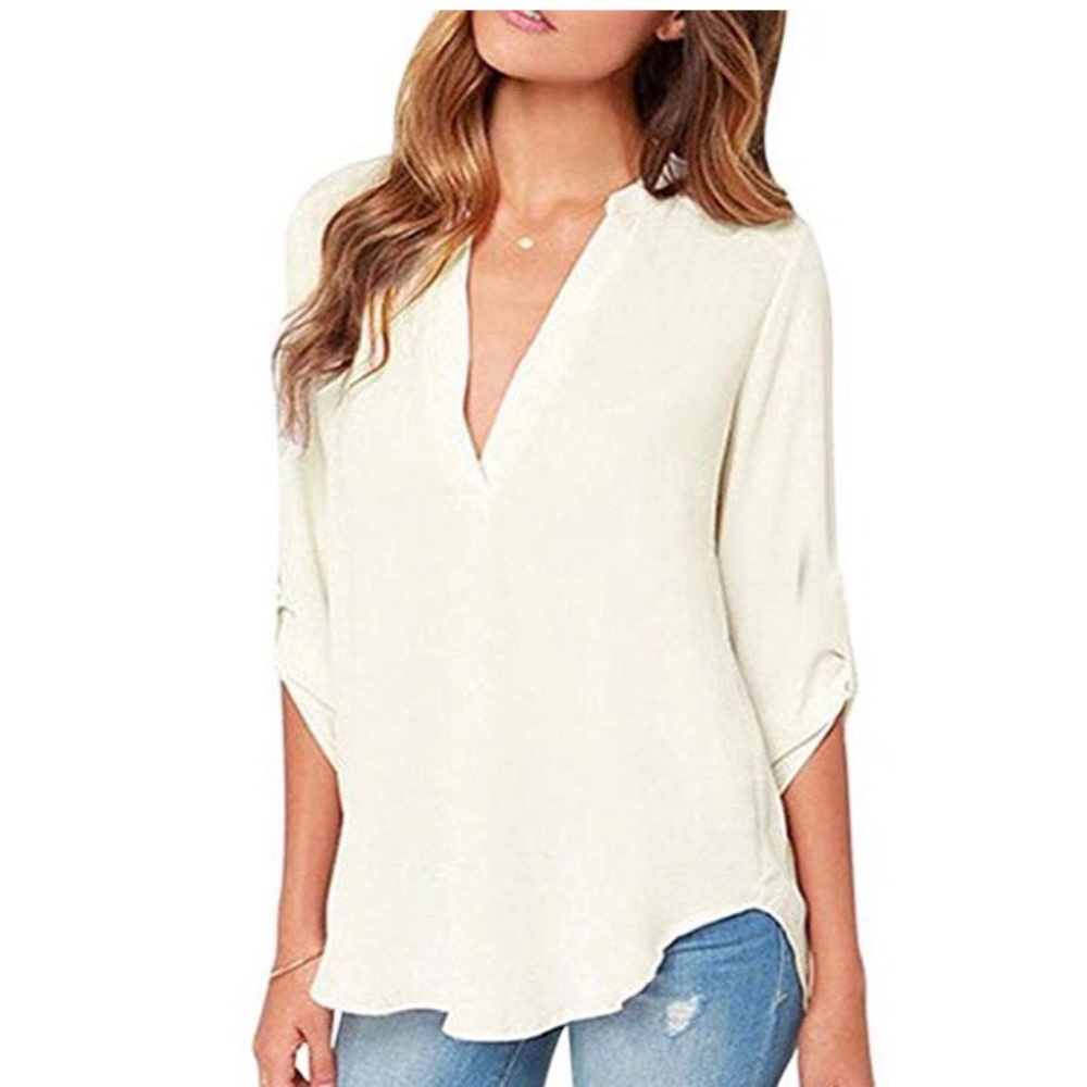 🌟 3 for $10 Sheer White V-Neck Dip Back Blouse
